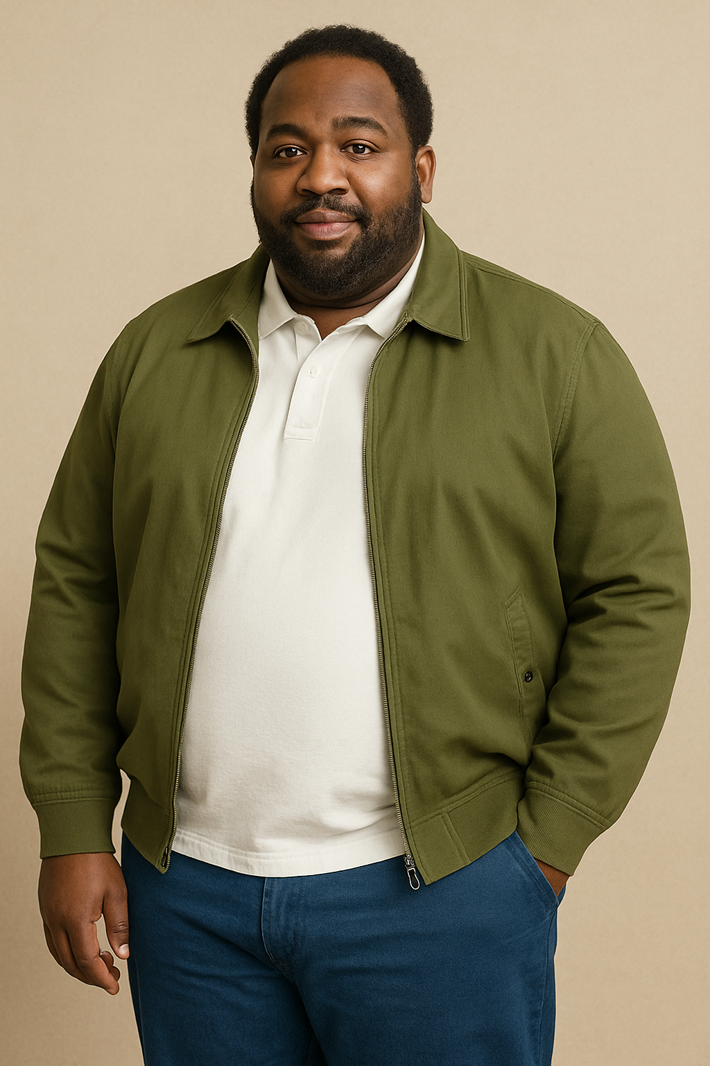 Olive Green Jacket with White Polo